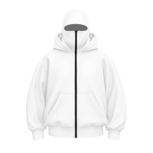 Samuray Ninja Çift Kapşonlu ZIP Fermuarlı Kanguru Çepli Hoodie Maske Detaylı Swetshirt - Beyaz