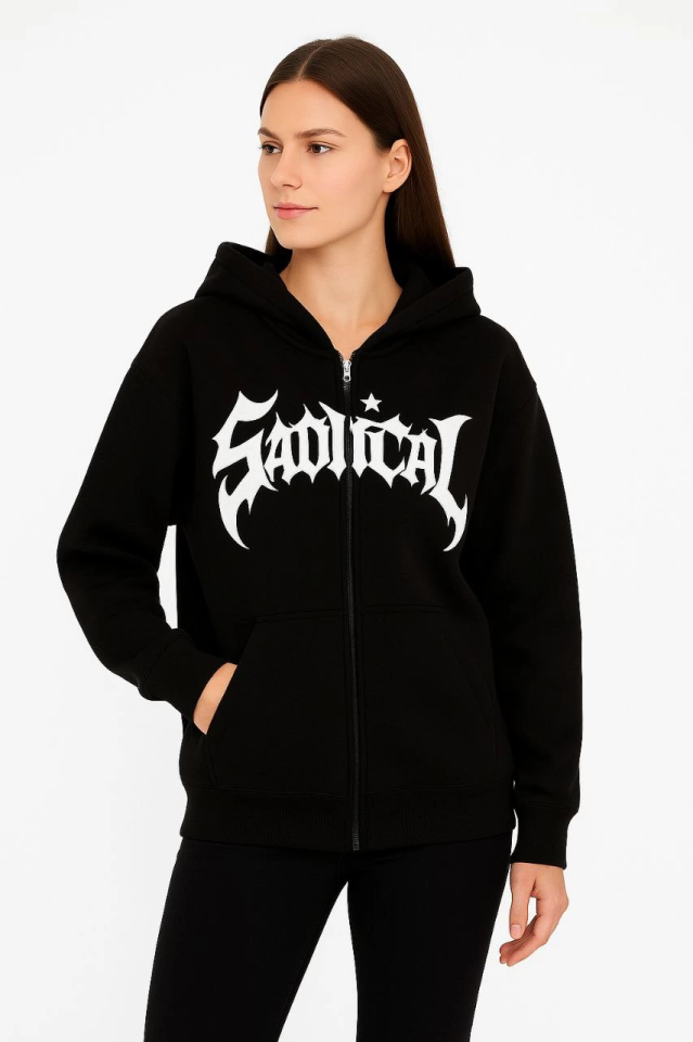 Oversize Kapüşonlu Sweatshirt Hoodie 3 İplik Şardonlu Pamuklu Kumaş, Önü Baskılı, Fermuarlı Rahat Kalıp, Kışlık Ve Sokak Stili Sweat - Siyah