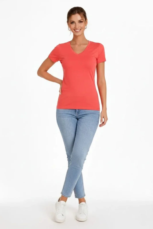 T-Shirt V Yaka Slim Fit Likralı Tişört Günlük Basic Body - Nar Çiçeği