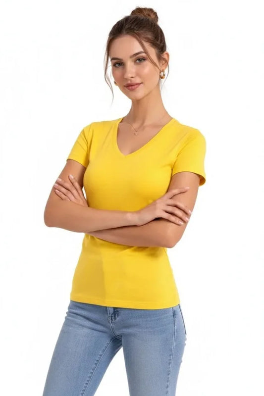 T-Shirt V Yaka Slim Fit Likralı Tişört Günlük Basic Body - Sarı