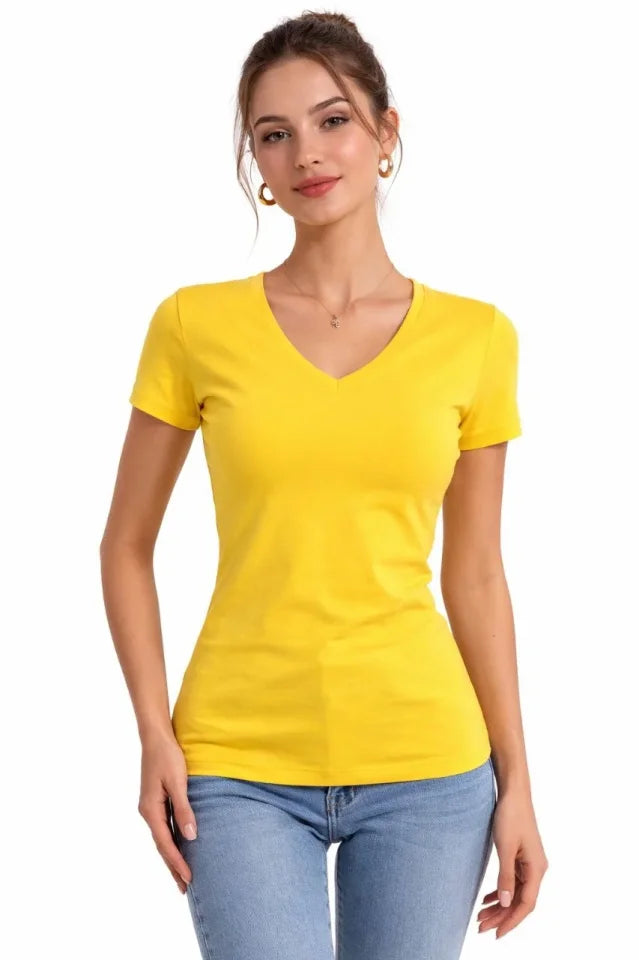 T-Shirt V Yaka Slim Fit Likralı Tişört Günlük Basic Body - Sarı