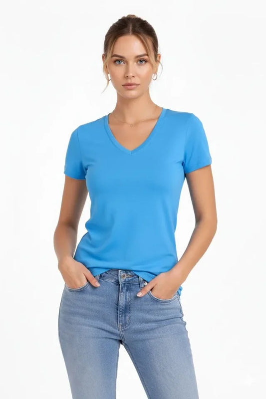 T-Shirt V Yaka Slim Fit Likralı Tişört Günlük Basic Body - Açık Mavi
