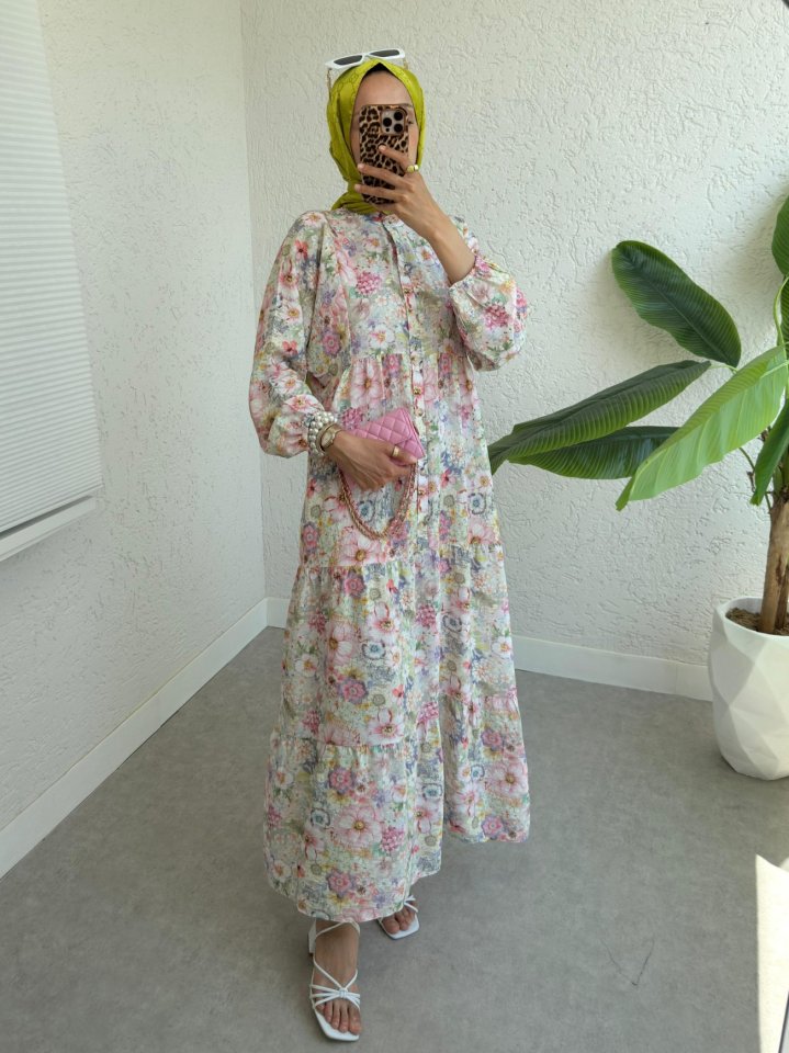 Yarım Düğmeli Kolu Lastikli Çiçek Baskılı Elbise -G.Kurusu