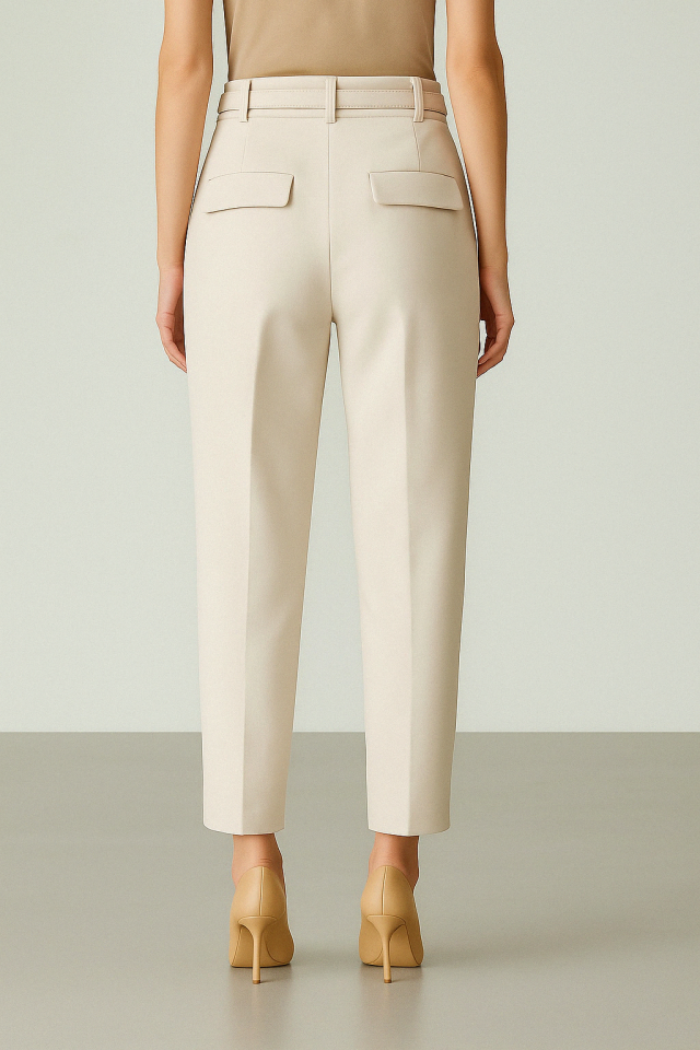 Beli Kemerli Çift Cepli Pantolon-Bej