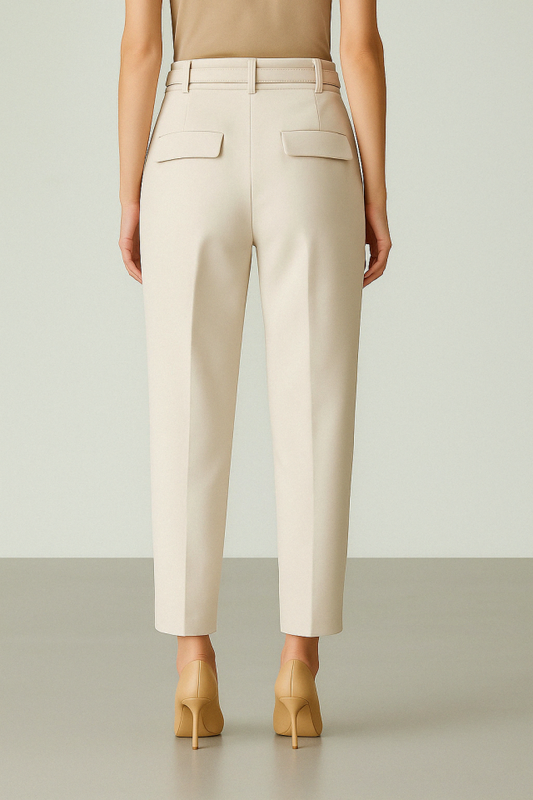 Beli Kemerli Çift Cepli Pantolon-Bej