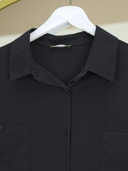 Çift Cepli Oval Kesim Kolu Katlamalı Gömlek Tunik -Siyah