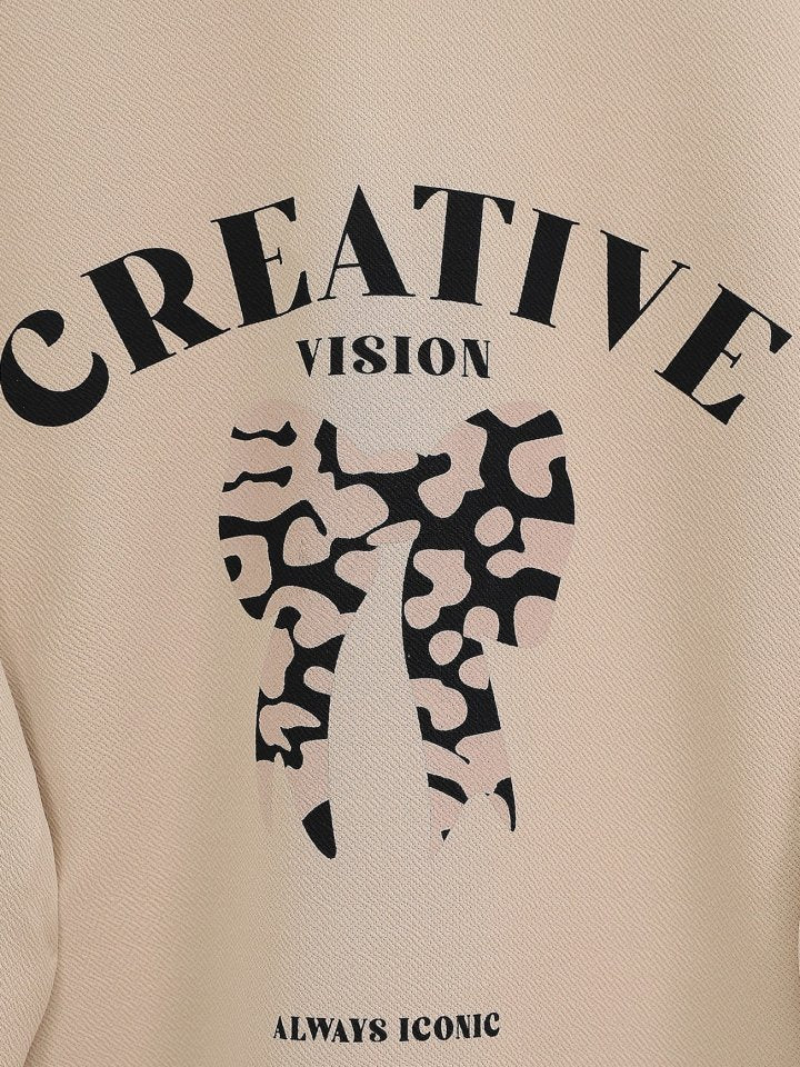 Yuvarlak Yaka Fiyonk Baskılı Leopar Etekli Takım -Bej