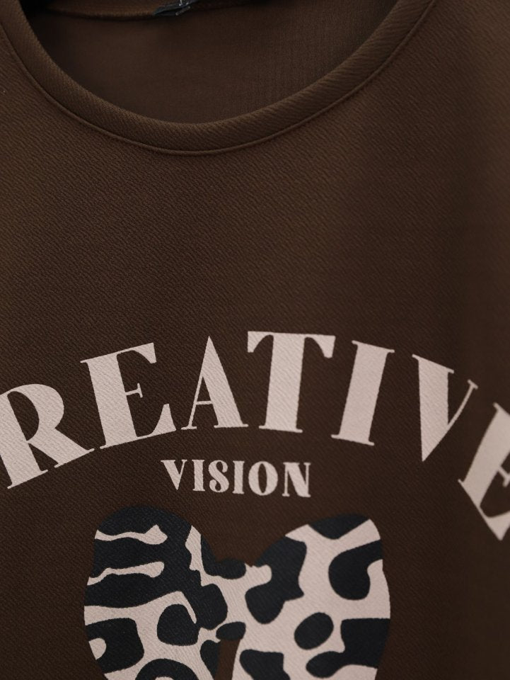 Yuvarlak Yaka Fiyonk Baskılı Leopar Etekli Takım -Kahve