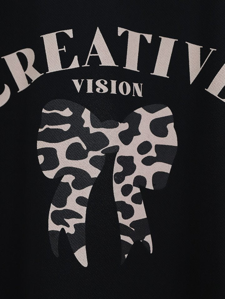 Yuvarlak Yaka Fiyonk Baskılı Leopar Etekli Takım -Siyah