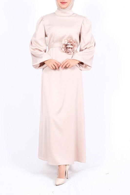 Balon Kol Kemerli Taşlı Saten Elbise -Bej