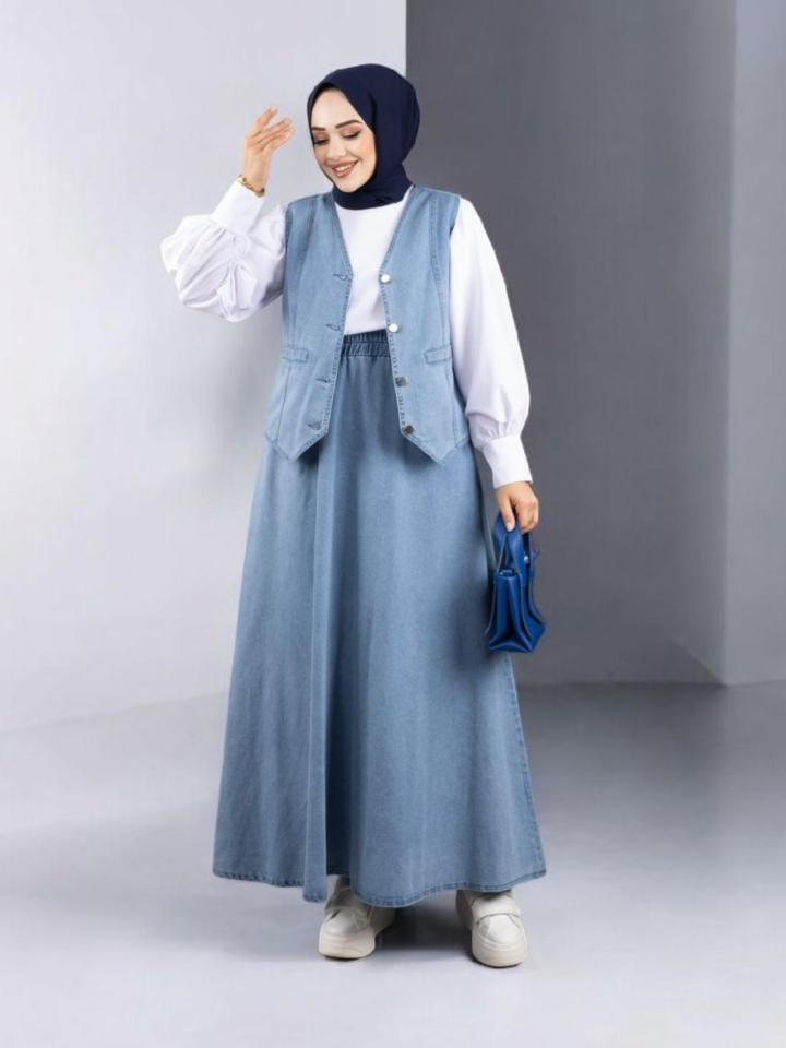 V Yaka Yelekli Etekli Kot Takım -Buz Mavi