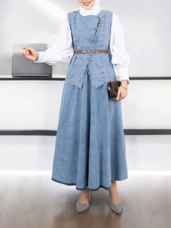 Çapraz Düğmeli Kemerli Yelek Etek Kot Takım -Buz Mavi