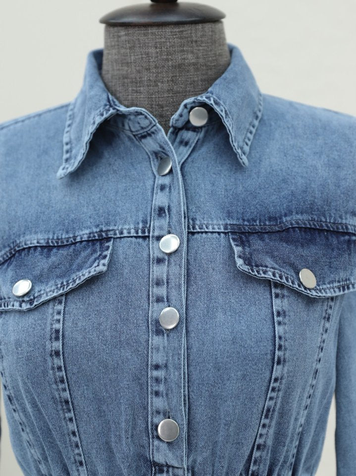 Beli Lastikli Yarım Düğmeli Kot Elbise -Buz Mavi