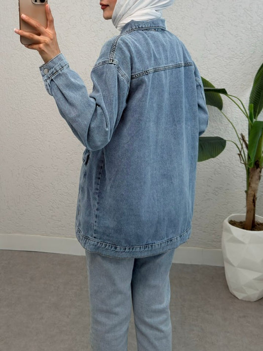 Serpme Taş Detaylı Kapaklı Cepli Kot Ceket -Buz Mavi