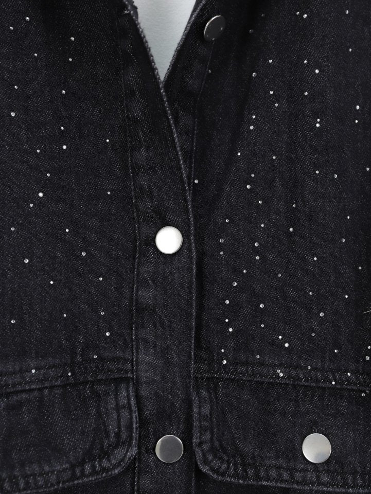 Serpme Taş Detaylı Kapaklı Cepli Kot Ceket -Siyah