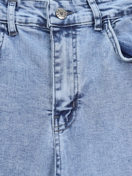 İspanyol Paça Yüksek Bel Kot Pantolon -Buz Mavi