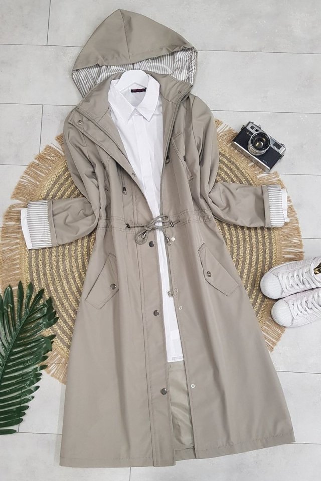 Astarı Çizgili Trençkot -Gri