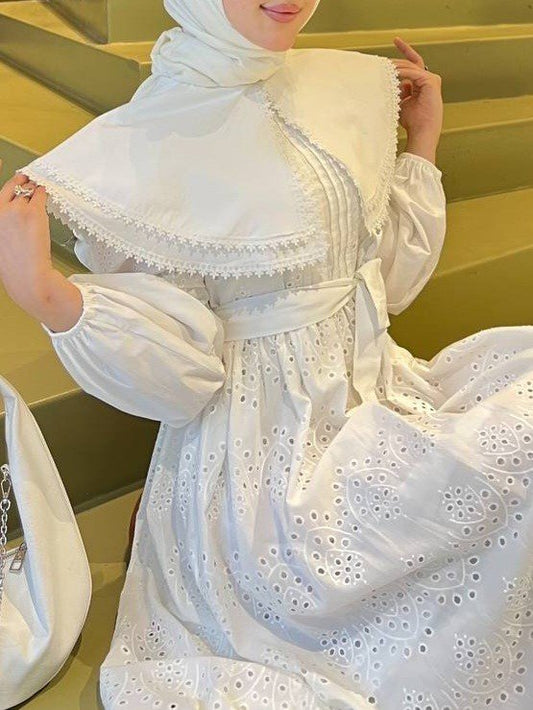 Pelerin Yaka Dantel Detaylı Elbise -Beyaz