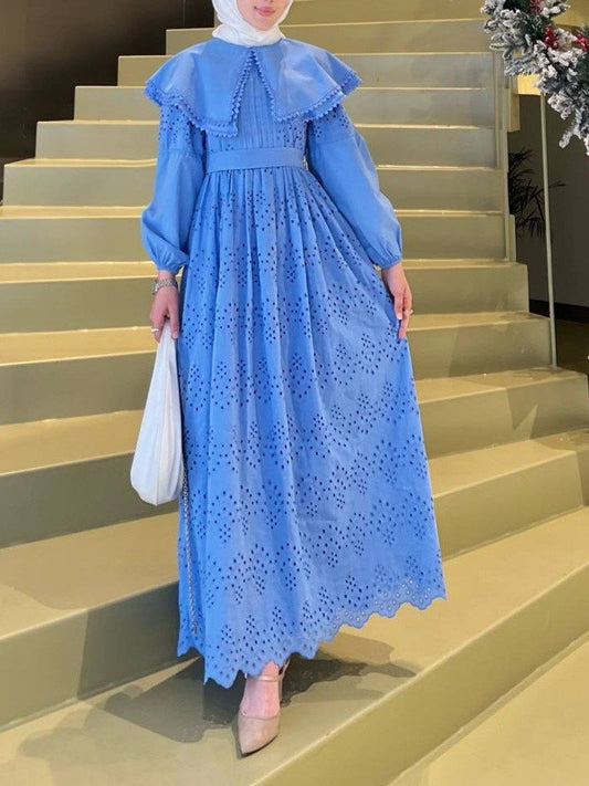 Pelerin Yaka Dantel Detaylı Elbise -Mavi