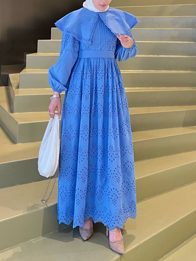 Pelerin Yaka Dantel Detaylı Elbise -Mavi