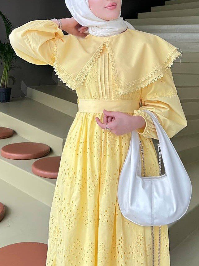 Pelerin Yaka Dantel Detaylı Elbise -Sarı