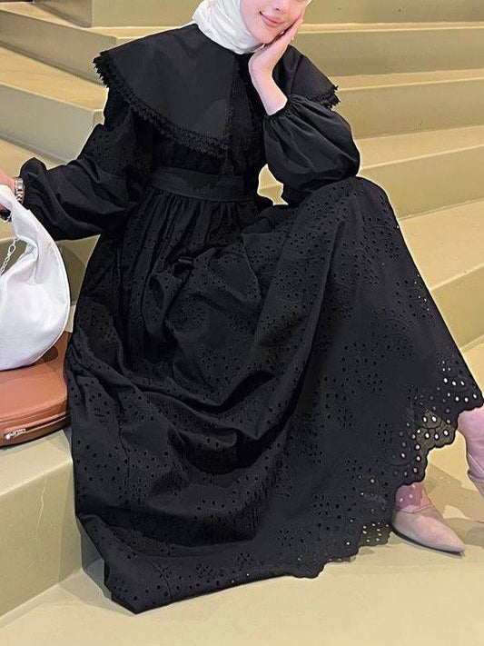 Pelerin Yaka Dantel Detaylı Elbise -Siyah