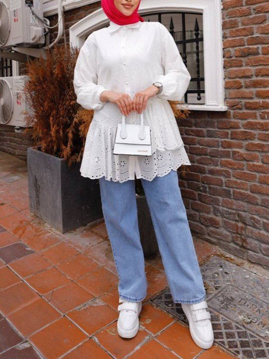 Fırfır Ve Fisto Detaylı İnci Düğmeli Gömlek -Beyaz