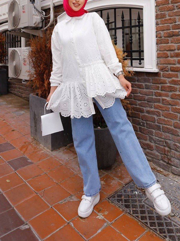 Fırfır Ve Fisto Detaylı İnci Düğmeli Gömlek -Beyaz