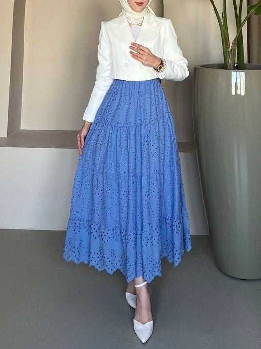 Fisto İşlemeli Katlamalı Etek -Mavi