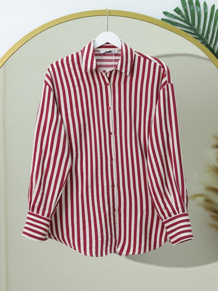 Çizgili Oversize Düğmeli Gömlek -Bordo