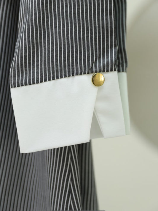 Çizgili Beli Bağcıklı Düğmeli Gömlek -Siyah