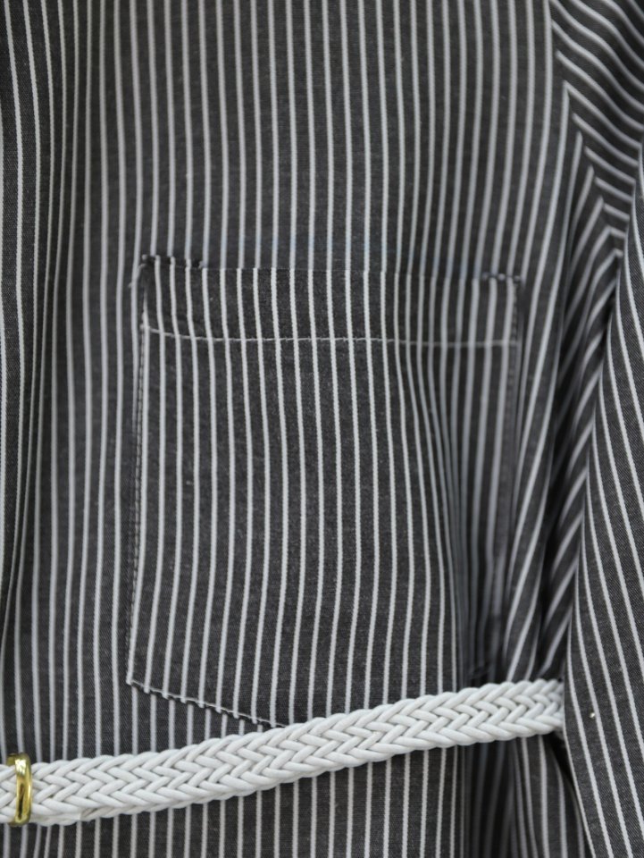 Çizgili Beli Bağcıklı Düğmeli Gömlek -Siyah