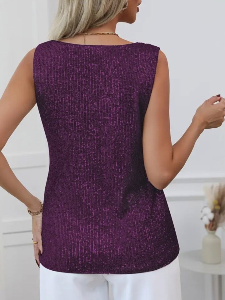 Pul Payetli Sıfır Kol Bluz -Mürdüm