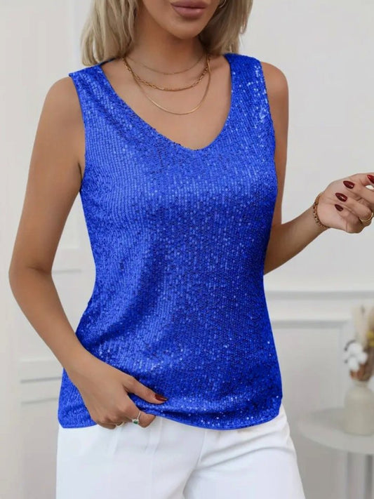 Pul Payetli Sıfır Kol Bluz -Saks