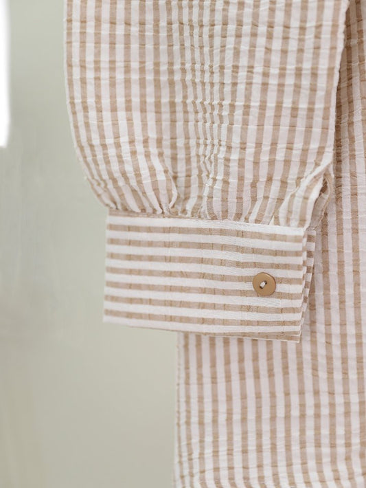 Boydan Düğmeli Bağcıklı Çizgili Bürümcük Gömlek -Vizon