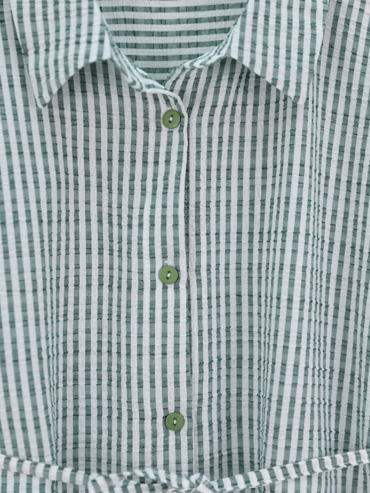 Boydan Düğmeli Bağcıklı Çizgili Bürümcük Gömlek -Yeşil