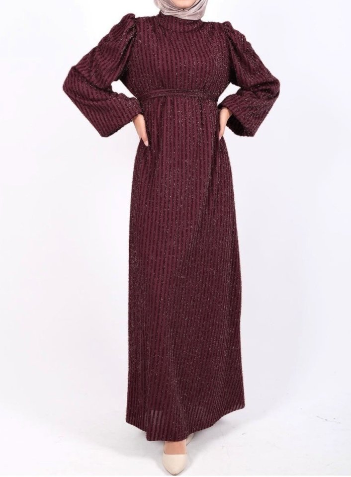 Kolu Lastikli Sim Çizgili Kemerli Elbise -Bordo