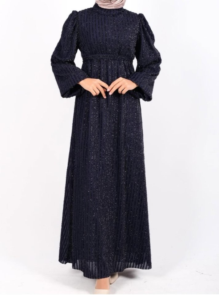 Kolu Lastikli Sim Çizgili Kemerli Elbise -Laci