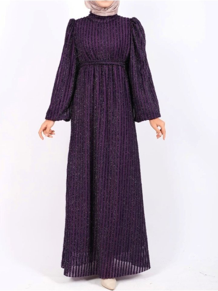 Kolu Lastikli Sim Çizgili Kemerli Elbise -Mor