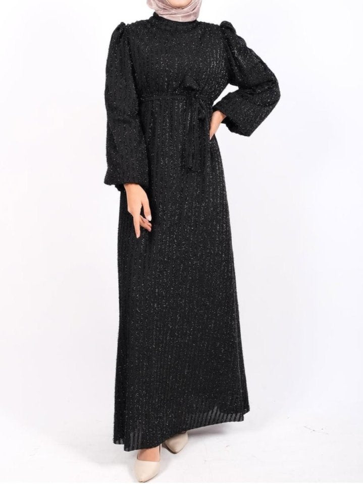 Kolu Lastikli Sim Çizgili Kemerli Elbise -Siyah