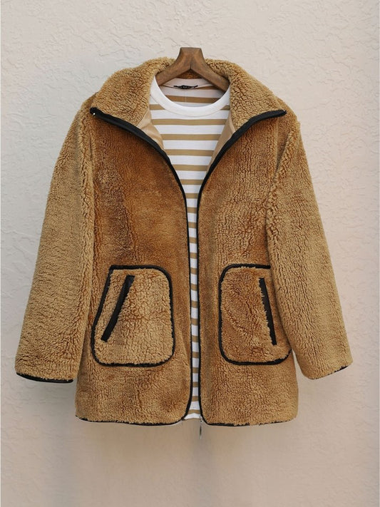 Çift Cepli Fermuarlı Astarlı Peluş Mont -Tarçın