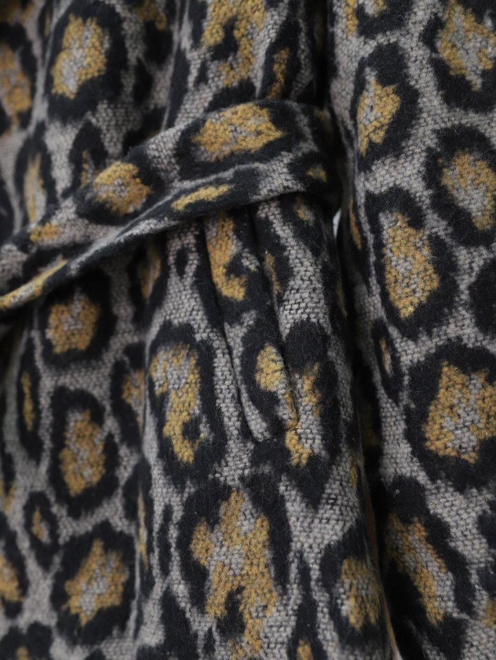 Leopar Desenli Astarlı Beli Bağlamalı Kaşe Ceket -Gri