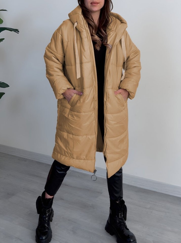 Kapşonlu Bağcık Detaylı Fermuarlı Şişme Mont -Vizon