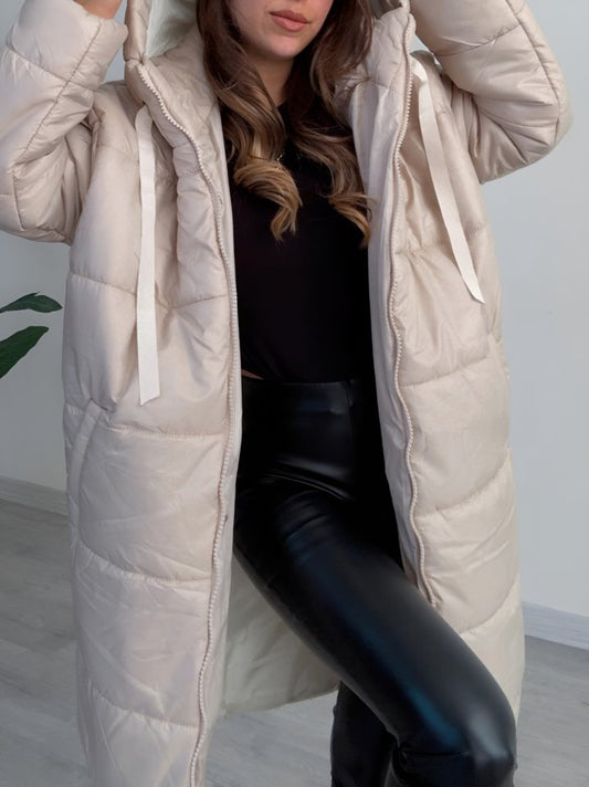 Kapşonlu Bağcık Detaylı Fermuarlı Şişme Mont -Ekru