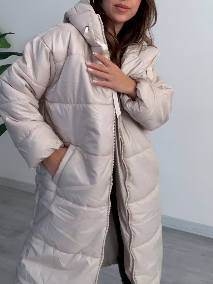 Kapşonlu Bağcık Detaylı Fermuarlı Şişme Mont -Ekru