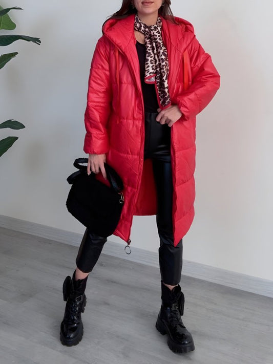 Kapşonlu Bağcık Detaylı Fermuarlı Şişme Mont -Kırmızı