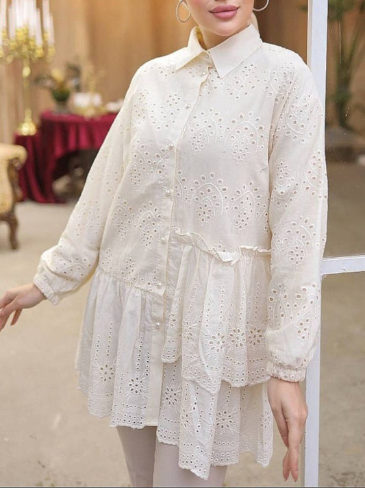 Fırfır Ve Fisto Detaylı İnci Düğmeli Gömlek -Bej