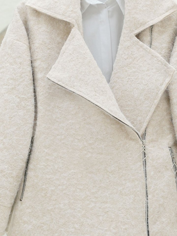 Önü Ve Cebi Fermuarlı Astarlı Buklet Ceket -Krem