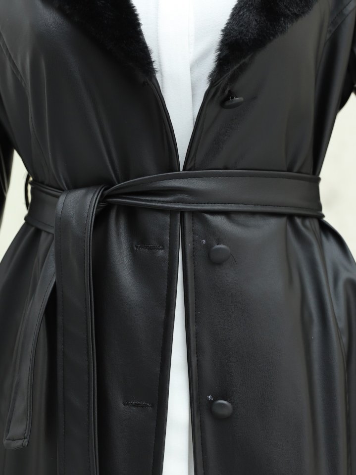 Kolu Ve Yakası Peluşlu Bağcıklı Deri Pardesü -Siyah