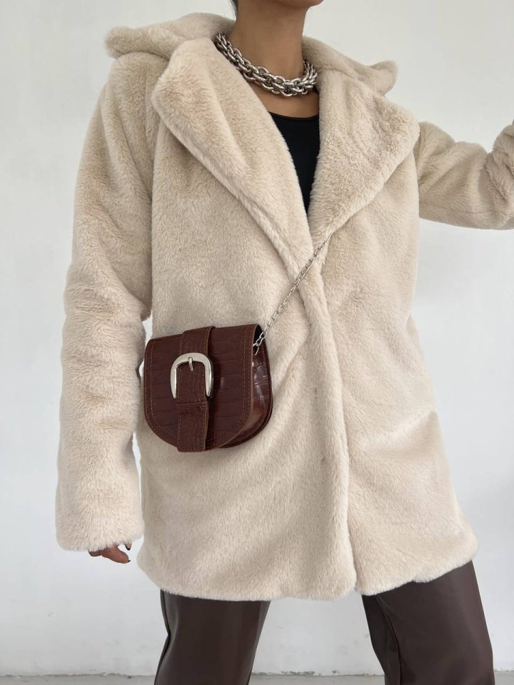 İçi Astarlı Cepli Kürklü Ceket -Taş